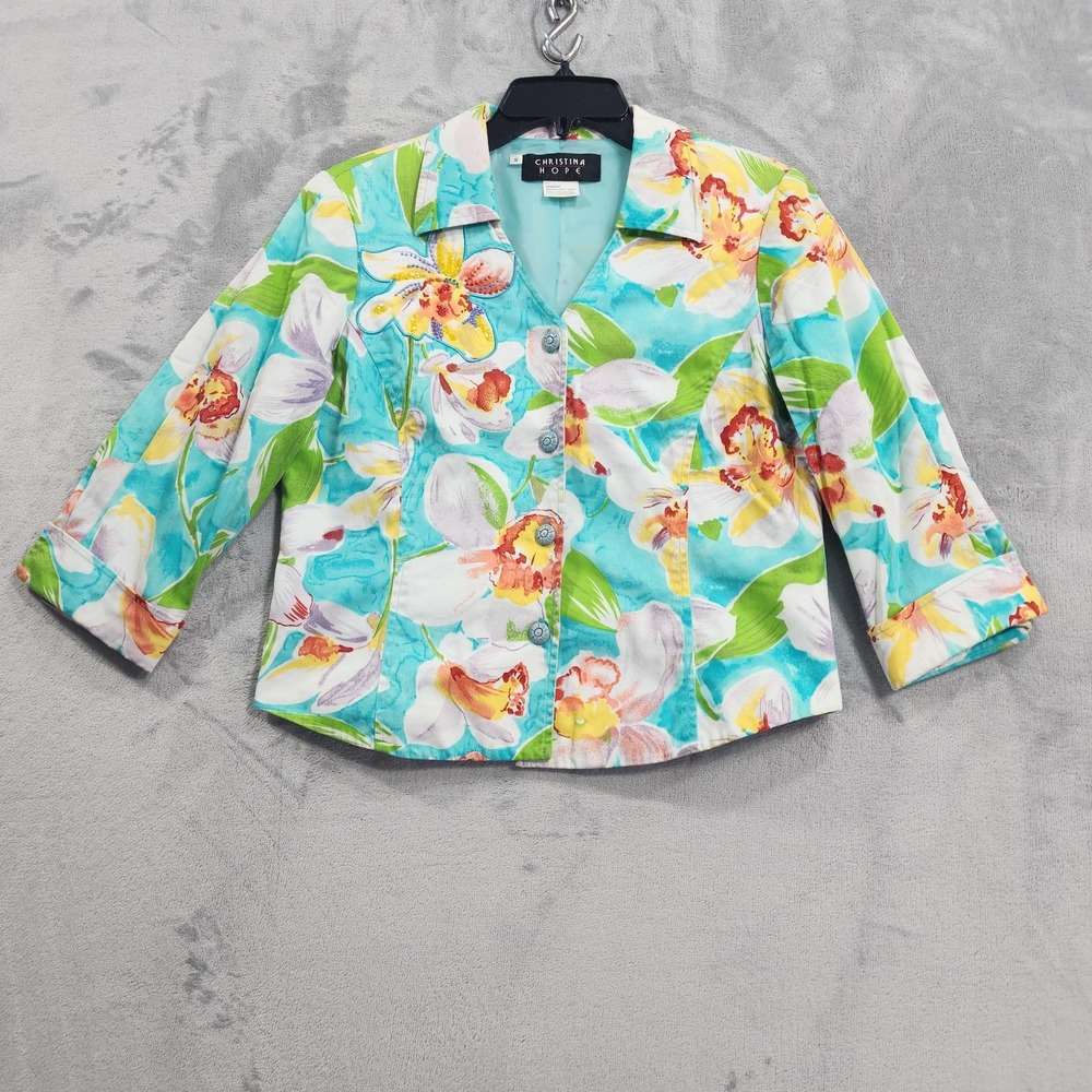 Vintage Christina Hope Blazer Womens S PETITE‎ Blue Floral Beaded Lined Tropical